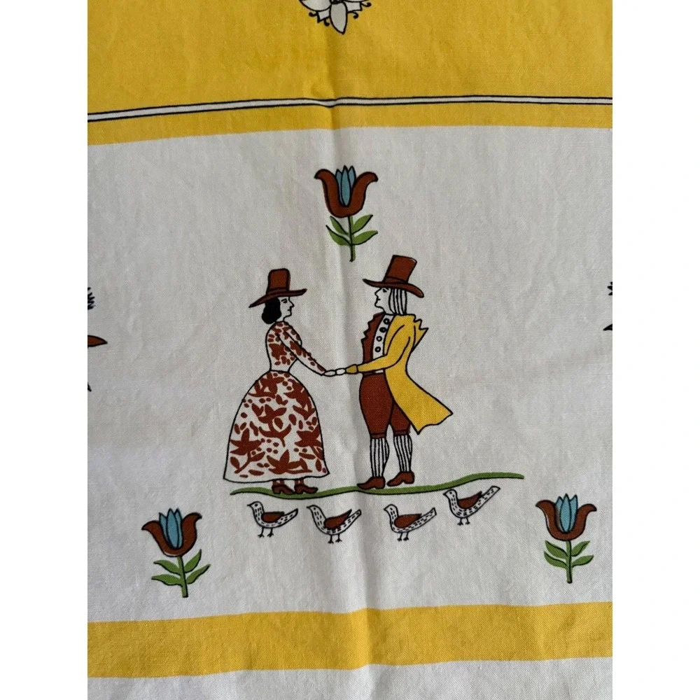 Vintage Folk Art Tablecloth Yellow Dutch Figures Floral Wreath 50x62 Rectangular